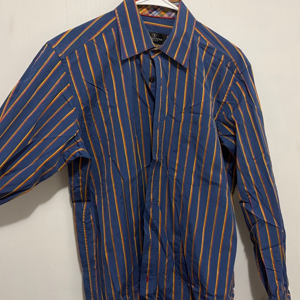Bugatchi Blue and Orange Dress Shirt with Striped Pattern
